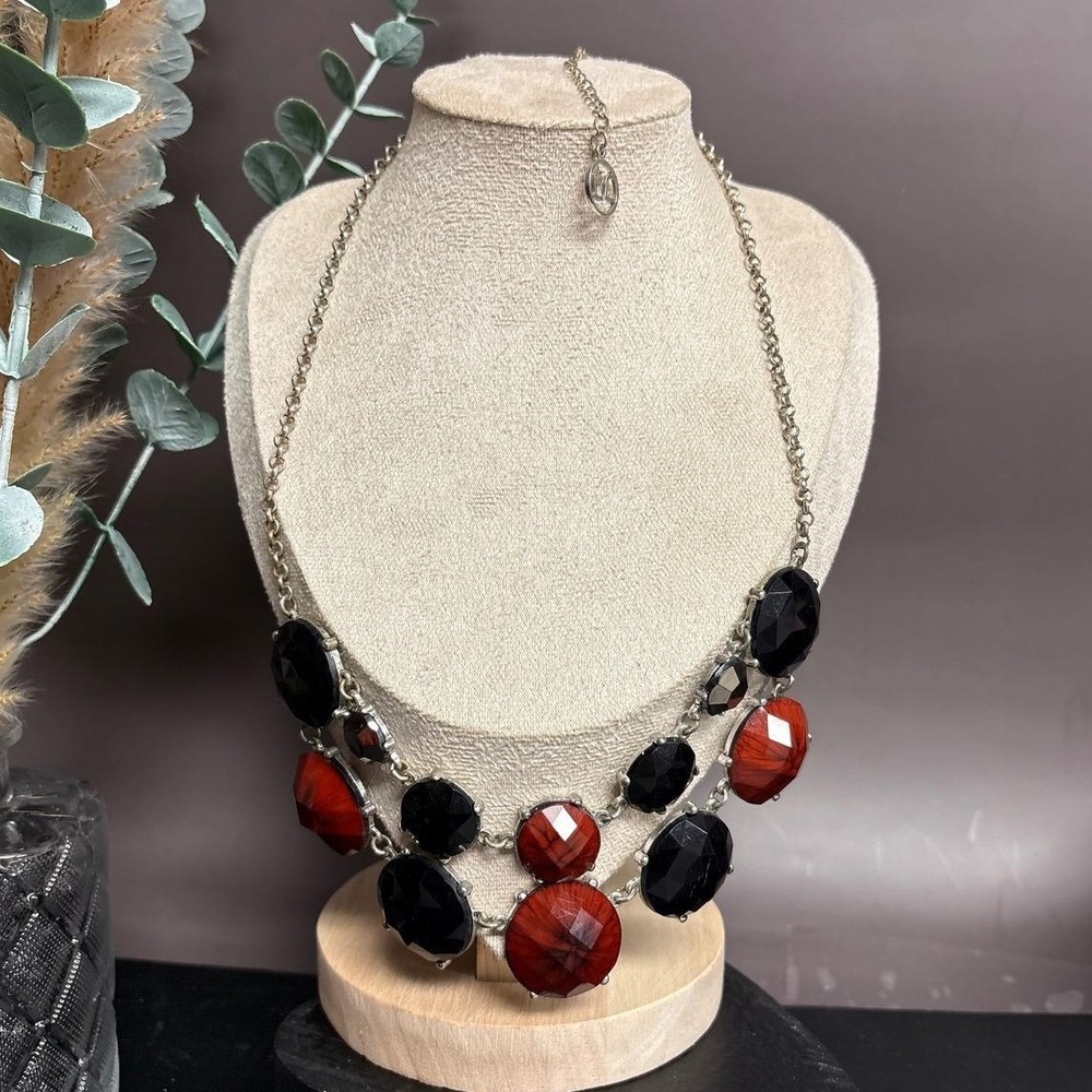 Erica Lyons Statement Necklace | Black‎ + Red Marbled Acrylic | Silver 20"